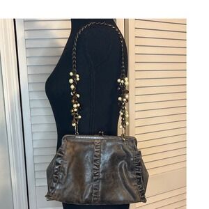 Liz Soto Distressed Leather Ruffled‎ Women's Bag Purse Handbag Brown